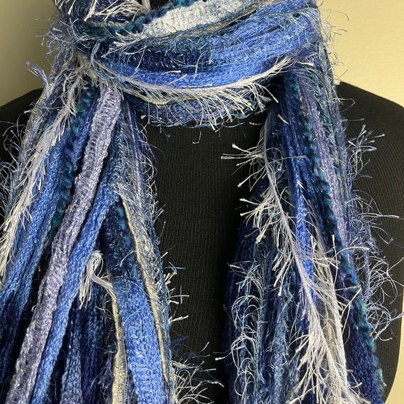 Blue and White Fringed Scarf - Picture 2 of 7